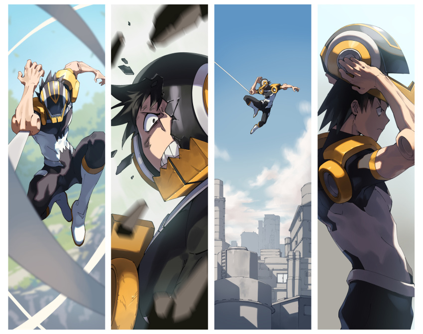 1boy arm_up arms_up atmospheric_perspective black_eyes black_hair blurry blurry_background blurry_foreground bodysuit boku_no_hero_academia boots broken_helmet building cel_shading city clenched_teeth cliff closed_mouth cloud collage colored_shoe_soles commentary covered_face day debris floating_hair from_side frown grass hand_up helmet highres holding holding_helmet knee_boots knees_up ladder leaning_forward light looking_ahead looking_at_viewer male_focus midair multiple_views mutation outdoors outstretched_arm profile scowl scratches serious sero_hanta shade shards short_hair short_sleeves shoulder_pads sideways_mouth skin_tight spiked_hair sunlight tape teeth turtleneck turtleneck_bodysuit water_tank white_footwear window zinnkousai3850