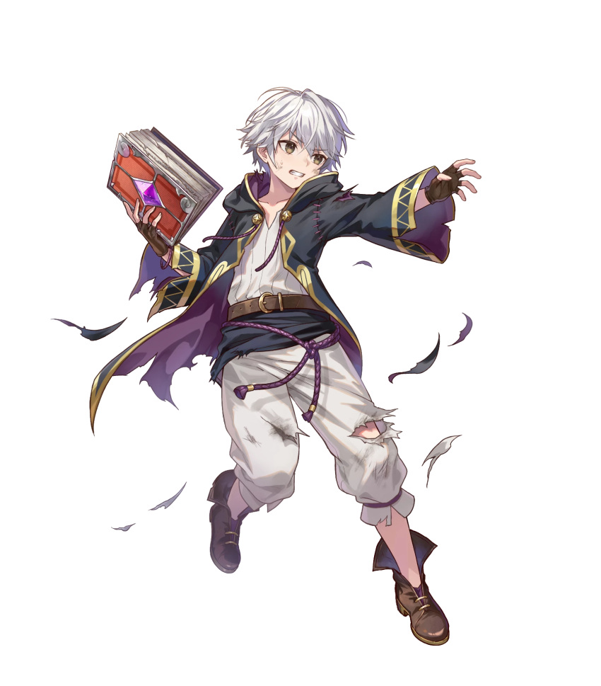 1boy aged_down attack black_coat book brown_gloves brown_hair clenched_teeth coat damaged fingerless_gloves fire_emblem fire_emblem_awakening fire_emblem_heroes gloves highres holding holding_book non-web_source open_book open_mouth robin_(fire_emblem) robin_(male)_(child)_(fire_emblem) robin_(male)_(fire_emblem) solo tagme teeth torn_clothes torn_coat v-shaped_eyebrows white_hair