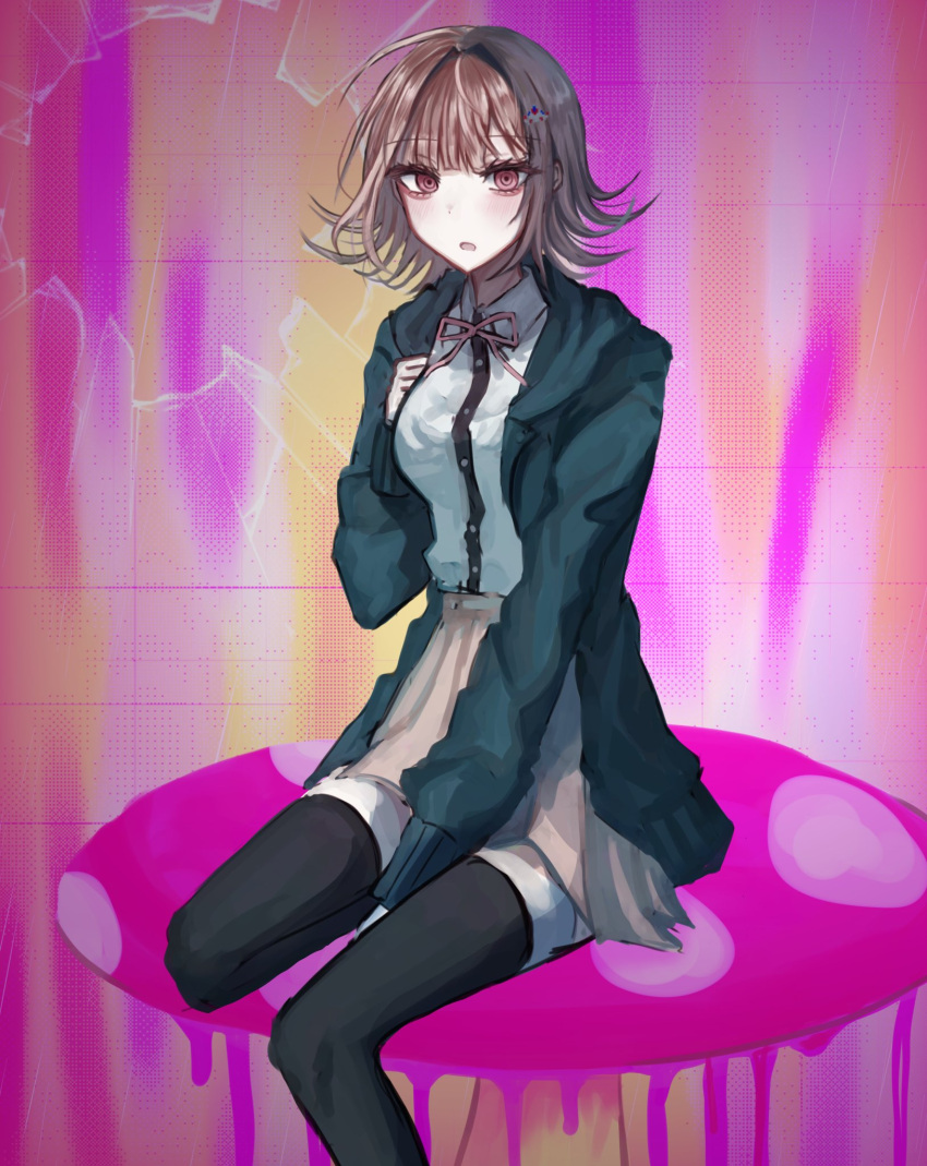 1girl :o breasts brown_hair brown_skirt collared_shirt danganronpa_(series) danganronpa_2:_goodbye_despair flipped_hair galaga hair_ornament highres jacket long_sleeves looking_at_viewer medium_hair nanami_chiaki neck_ribbon open_clothes open_jacket pink_eyes pink_ribbon ribbon shirt shuikoki sitting skirt solo thighhighs two-tone_shirt white_shirt