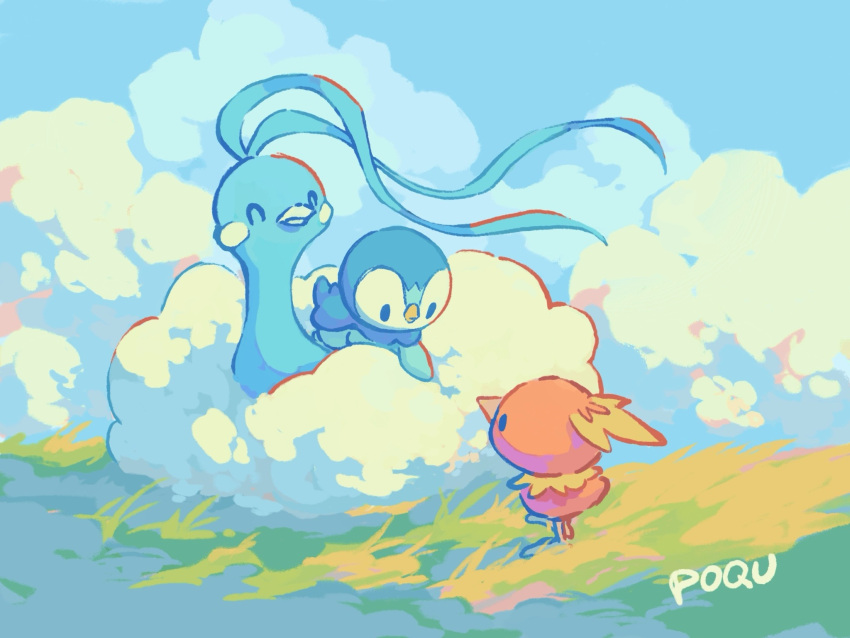 2024 altaria ambiguous_gender blue_body cloud eyes_closed feathers generation_3_pokemon generation_4_pokemon grass group hi_res nintendo piplup plant pokemon pokemon_(species) poqu red_body red_feathers sky smile torchic