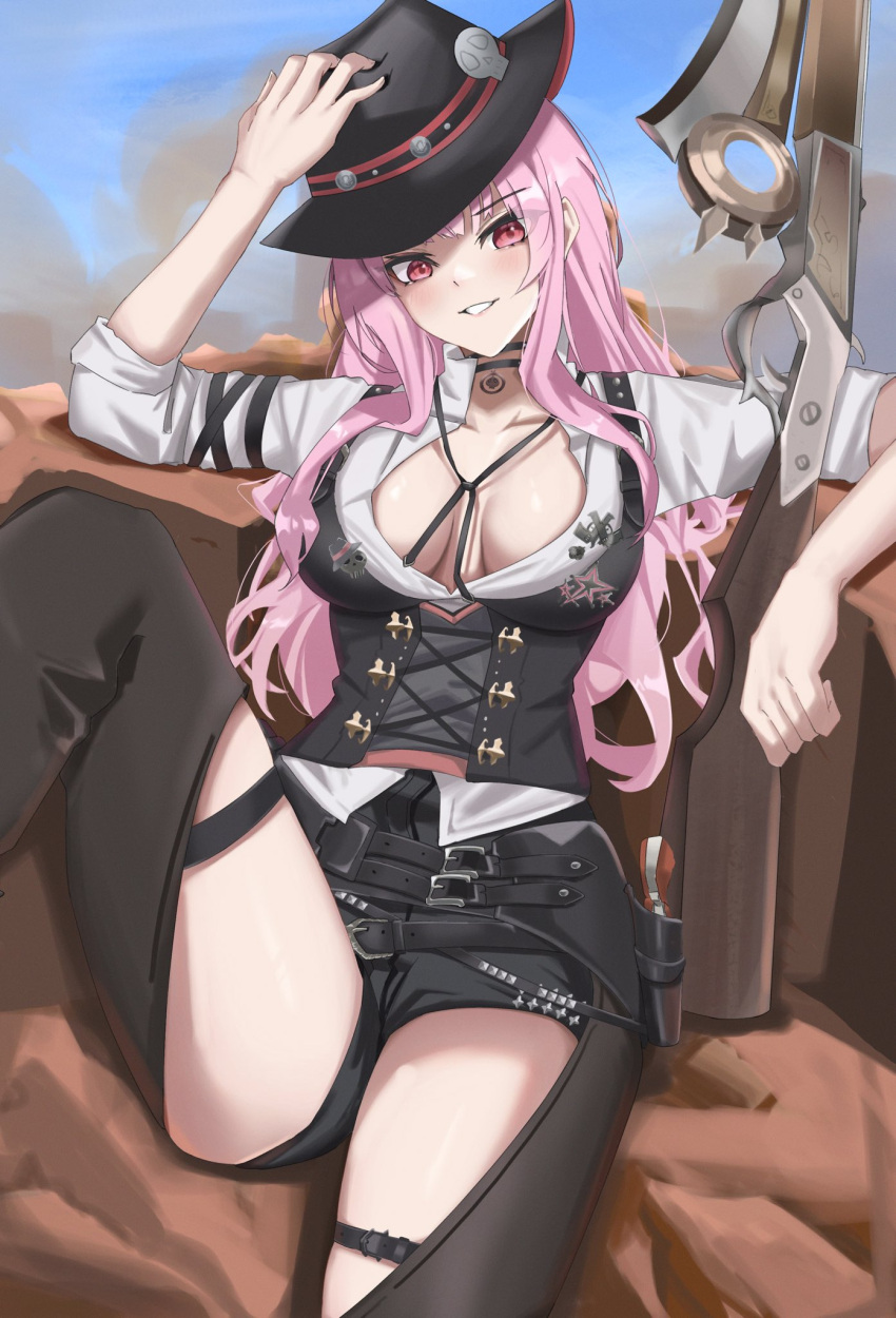 1girl alternate_costume black_choker blush bodice breasts chaps choker cleavage cowboy cowboy_hat cowboy_western cowgirl_(western) desert gun hat highres hololive hololive_english jewelry large_breasts long_hair looking_at_viewer low-cut mori_calliope mori_calliope_(sheriff) official_alternate_costume pink_hair red_eyes revolver rifle scythe sheriff sheriff_badge shirt shorts sitting skull_choker skull_ornament smile solo spread_legs virtual_youtuber weapon white_shirt yobi_(ybpac18)