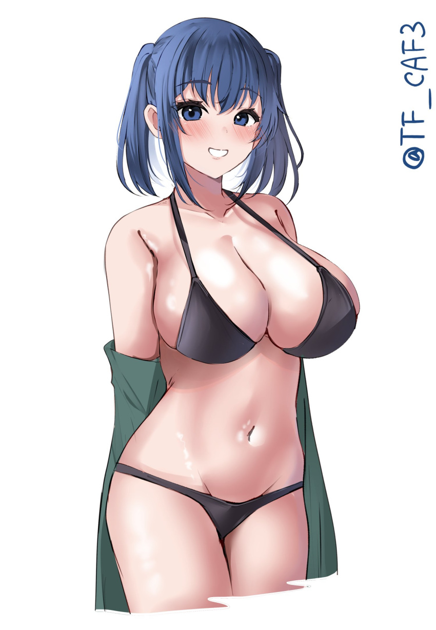 1girl alternate_costume bare_shoulders bikini black_bikini blue_eyes blue_hair breasts cleavage commentary_request cowboy_shot cropped_legs grin highres kantai_collection large_breasts looking_at_viewer medium_hair navel one-hour_drawing_challenge simple_background smile solo souryuu_(kancolle) swimsuit tf_cafe twintails twitter_username white_background