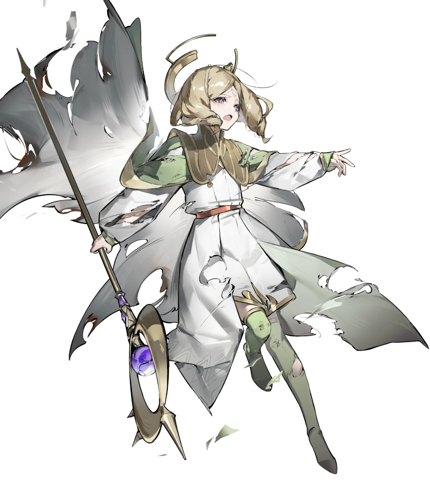 1girl aged_down aqua_eyes blonde_hair boots brand_of_the_exalt cape damaged drill_hair drill_sidelocks emmeryn_(child)_(fire_emblem) emmeryn_(fire_emblem) facial_mark fire_emblem fire_emblem_awakening fire_emblem_heroes forehead_mark green_cape green_footwear highres holding holding_staff knee_boots medium_hair multicolored_cape multicolored_clothes non-web_source open_mouth robe sidelocks solo staff tagme tiara torn_cape torn_clothes white_cape white_robe