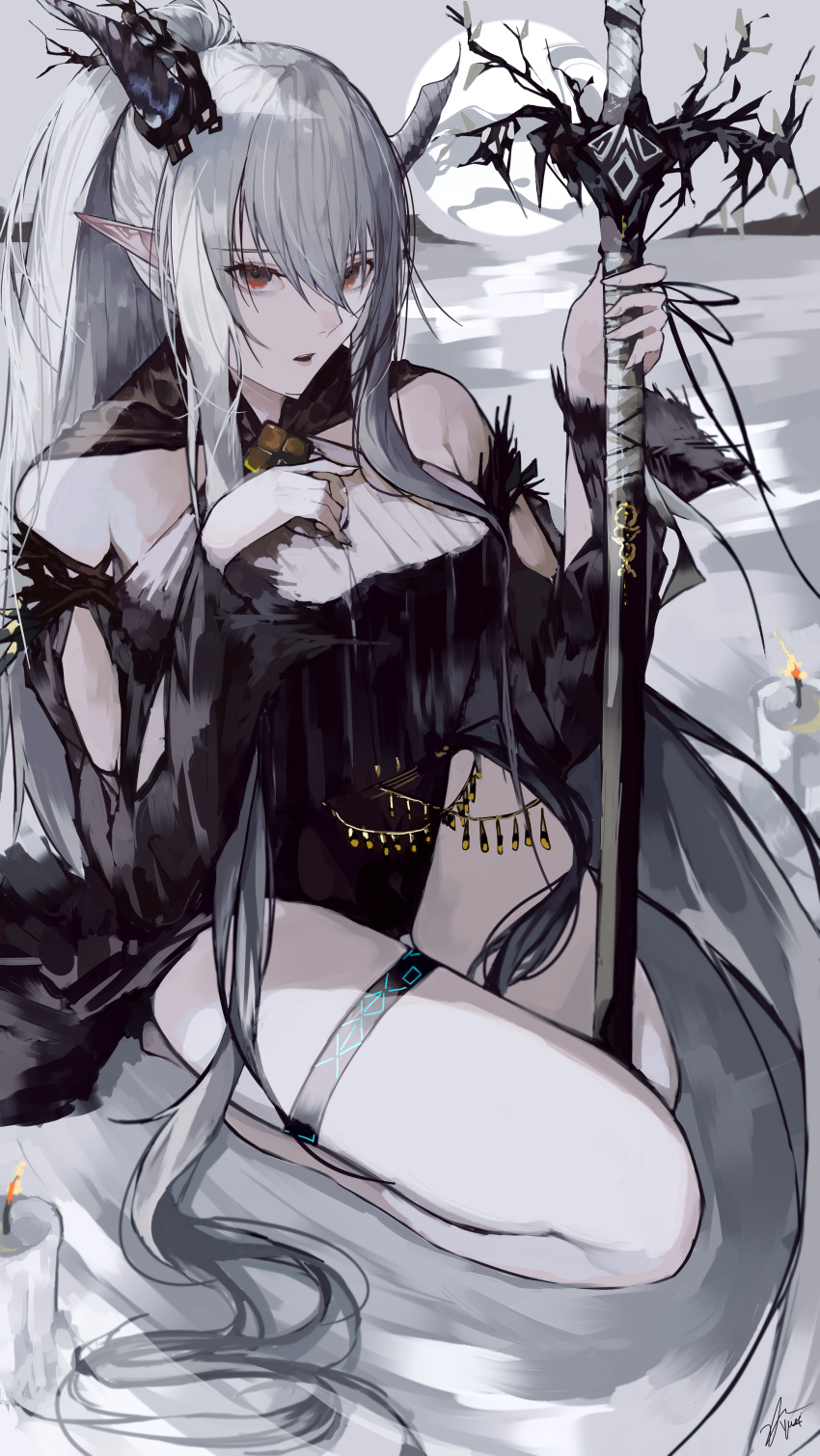 1girl absurdly_long_hair absurdres arknights black_one-piece_swimsuit casual_one-piece_swimsuit demon_horns food grey_hair hair_spread_out highres holding holding_staff horns infection_monitor_(arknights) kebab long_hair official_alternate_costume one-piece_swimsuit pointy_ears ribbed_swimsuit shining_(arknights) shining_(silent_night)_(arknights) staff swimsuit swimsuit_cover-up thigh_strap very_long_hair yuki_flourish