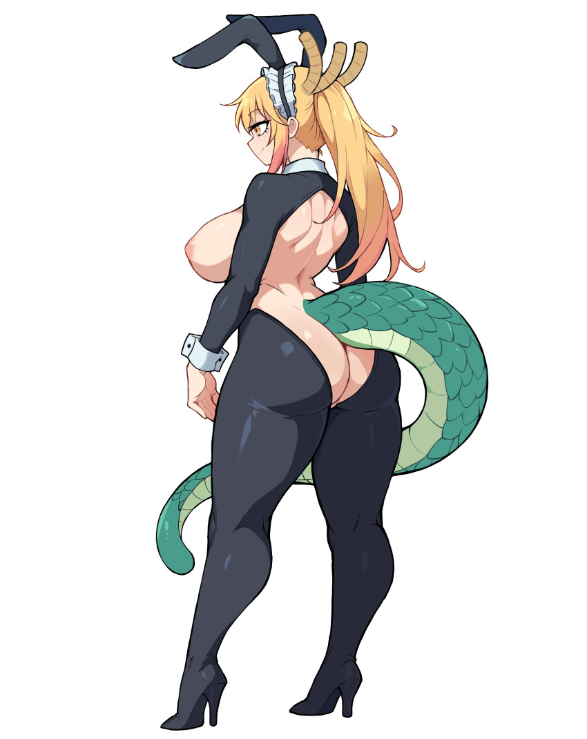 1girl absurdres alternate_hairstyle animal_ears ass black_thighhighs breasts colored_tips crotchless curvy dragon_girl dragon_horns english_commentary fake_animal_ears from_behind full_body high_heels highres horns kikikiki_(bokunomister) kobayashi-san_chi_no_maidragon large_breasts large_tail long_hair maid_headdress meme_attire multicolored_hair nipples orange_eyes ponytail rabbit_ears revealing_clothes reverse_bunnysuit reverse_outfit shrug_(clothing) sideboob solo standing tail thick_thighs thighhighs thighs tohru_(maidragon) wrist_cuffs