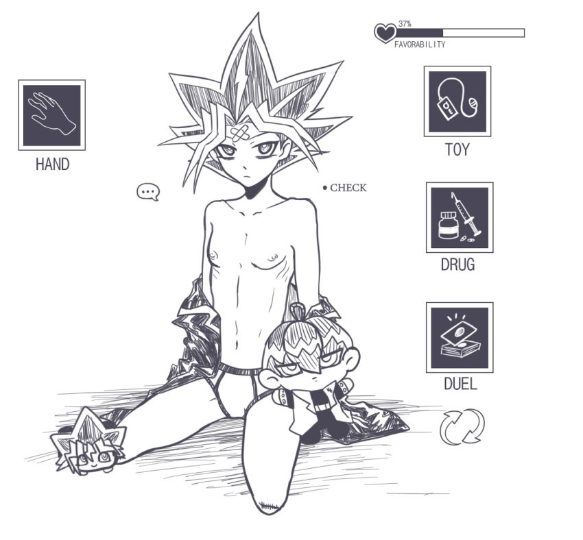 1boy amputee gameplay_mechanics monochrome muto_yugi nude stuffed_toy user_ufre2773 yu-gi-oh!