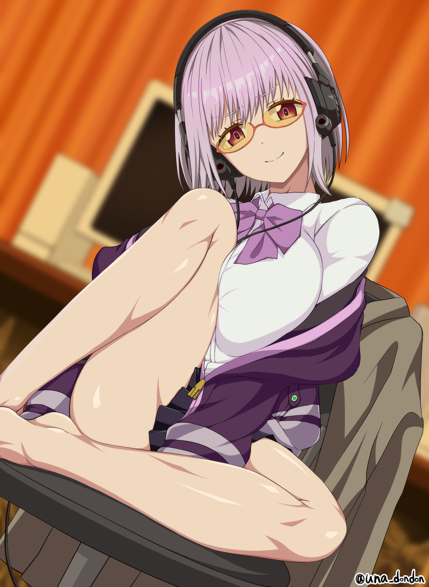 1girl ass bare_legs barefoot black_skirt bow breast_press breasts chair collared_shirt computer dress_shirt dutch_angle glasses gridman_universe head_tilt headphones highres indoors jacket large_breasts legs long_sleeves looking_at_viewer miniskirt monitor no_legwear off_shoulder office_chair on_chair pleated_skirt purple_bow purple_jacket red-framed_eyewear shinjou_akane shirt short_hair sitting skirt smile solo ssss.gridman swivel_chair tinted_eyewear unadon white_shirt yellow-tinted_eyewear zipper_pull_tab