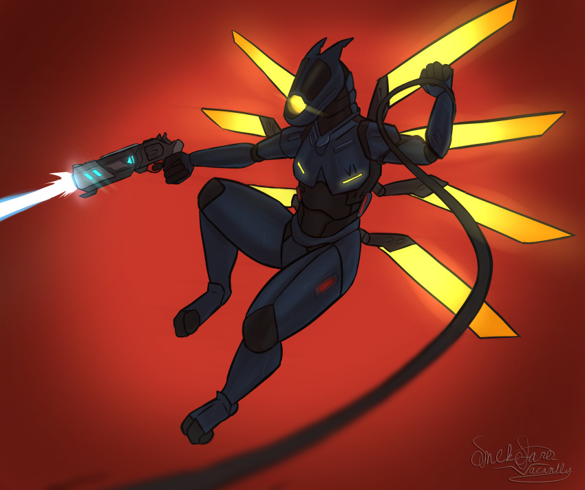 1_eye 6_wings ambiguous_gender anthro blue_body blurred_foreground curling_toes feet fist glowing glowing_eyes grappling_hook gun handgun hi_res holding_gun holding_handgun holding_object holding_ranged_weapon holding_weapon hybrid markings metallic_body multi_wing raised_leg ranged_weapon red_background shooting_gun simple_background snek_stares_vacantly solo solo_focus synth_(vader-san) ultrakill v1_(ultrakill) weapon wings