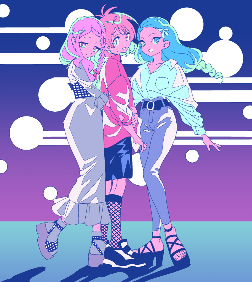 3girls anchiki_shou bad_id bad_twitter_id belt black_belt blue_eyes blue_hair character_request closed_mouth collared_shirt copyright_request dress fishnet_socks fishnets full_body grey_dress grey_pants high_heels highres hug hug_from_behind long_hair long_sleeves looking_at_viewer looking_down low-braided_long_hair low-tied_long_hair multiple_girls open_mouth pants pink_hair platform_footwear sandals shirt short_hair smile socks standing white_shirt