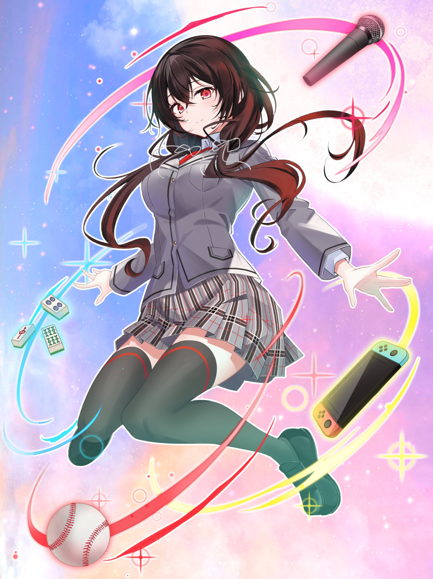 1girl absurdres artist_request baseball black_footwear black_thighhighs blazer breast_pocket breasts brown_hair buttons closed_mouth collared_shirt crossed_bangs grey_jacket grey_skirt hair_between_eyes hair_ribbon highres indie_virtual_youtuber jacket katanashi_nanashi long_hair mahjong_tile microphone multicolored_clothes multicolored_skirt necktie nintendo_switch plaid plaid_skirt pocket red_eyes red_necktie ribbon second-party_source shadow shirt shoes skirt smile solo thighhighs virtual_youtuber white_ribbon white_shirt zettai_ryouiki