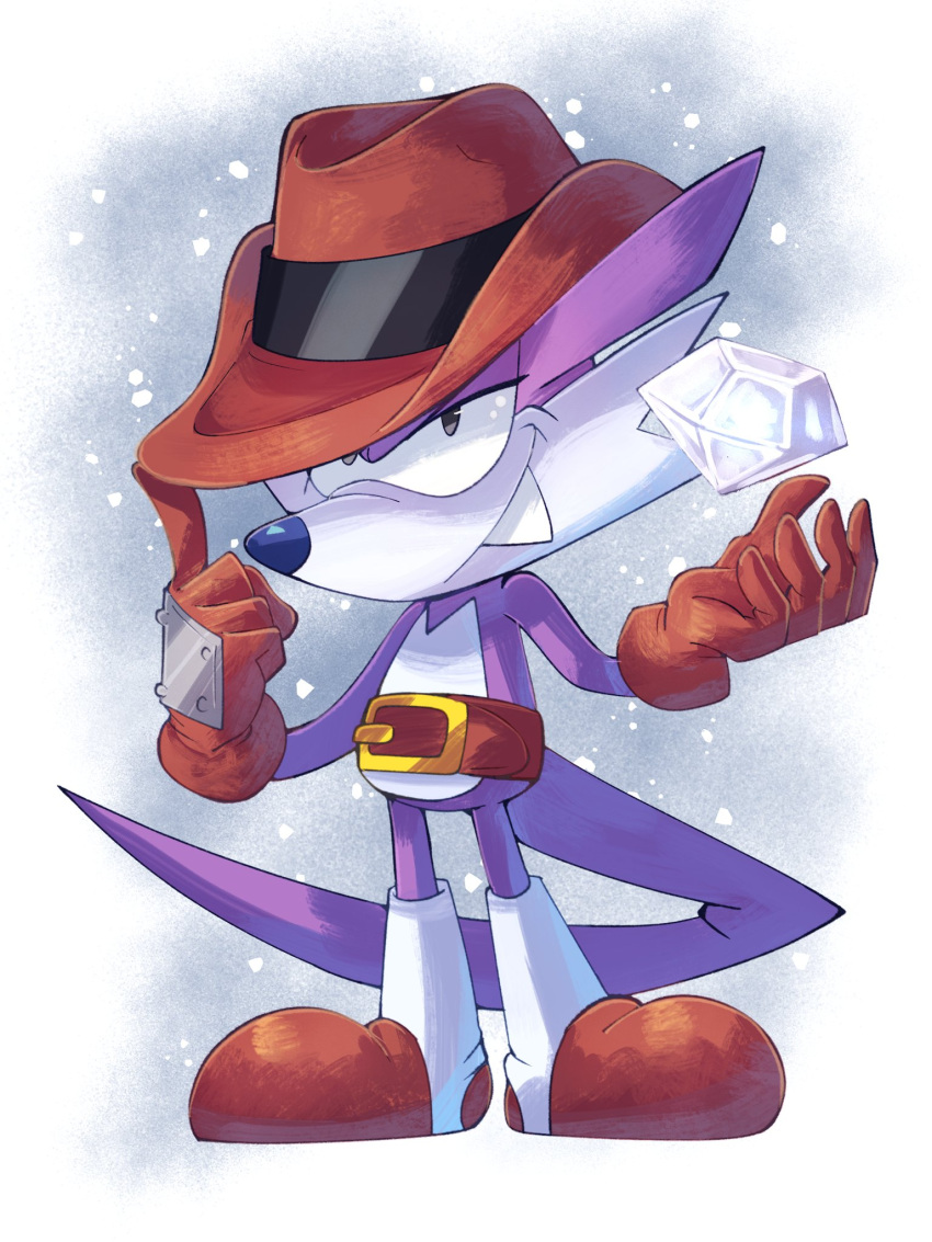 1boy belt boots brown_belt brown_footwear brown_gloves brown_hat cowboy_hat fang fang_the_sniper full_body furry furry_male gem gloves hat highres looking_at_viewer plus2sf purple_fur solo sonic_(series) tail two-tone_footwear white_footwear white_gemstone