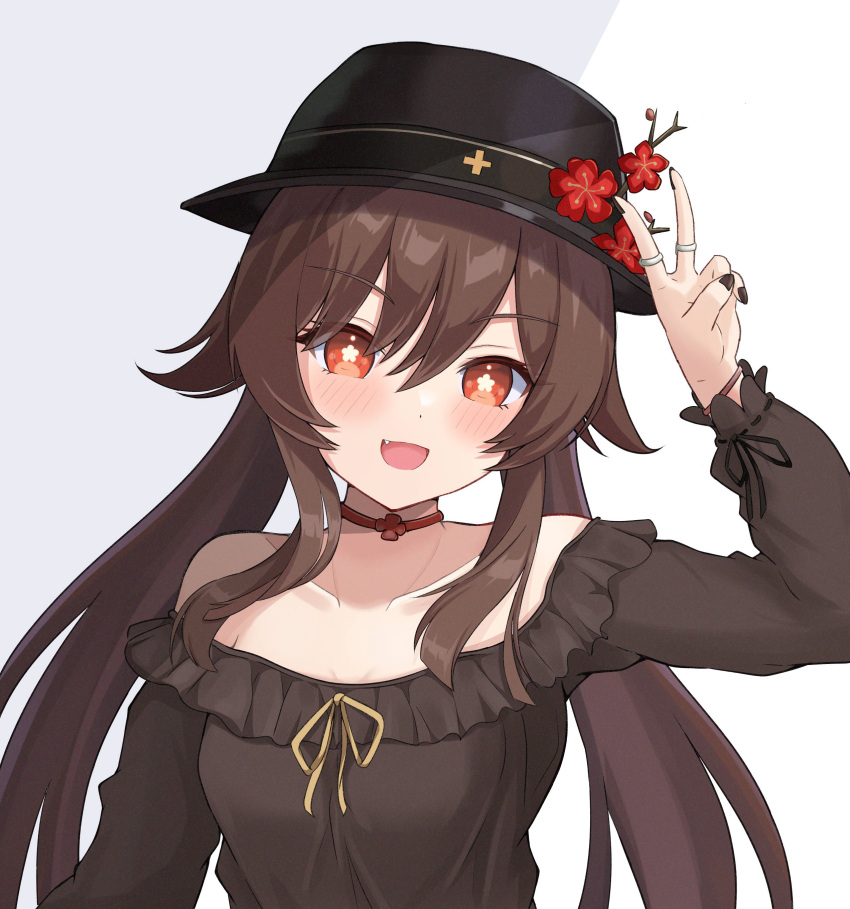 1girl :d absurdres bare_shoulders black_hat black_nails black_shirt brown_hair choker commentary genshin_impact hand_up highres hu_tao_(genshin_impact) long_hair long_sleeves looking_at_viewer nail_polish nishiki_vx off-shoulder_shirt off_shoulder open_mouth red_eyes shirt smile solo twintails upper_body v very_long_hair