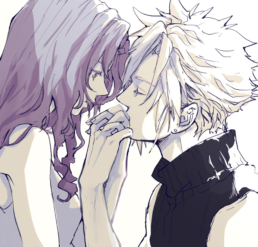 1boy 1girl aerith_gainsborough bare_shoulders blonde_hair breasts brown_hair closed_eyes cloud_strife couple demi_co dress earrings final_fantasy final_fantasy_vii final_fantasy_vii_rebirth final_fantasy_vii_remake hetero highres holding_hands interlocked_fingers jewelry kiss kissing_hand long_hair looking_at_another medium_breasts parted_bangs sepia short_hair sidelocks single_earring sleeveless sleeveless_dress sleeveless_turtleneck spiked_hair turtleneck upper_body wavy_hair white_background