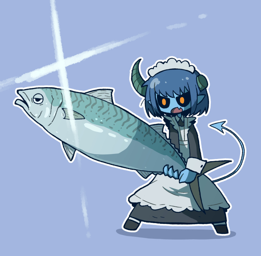 1girl animal apron black_dress black_sclera blue_background blue_hair blue_skin broken_horn colored_sclera colored_skin demon_tail dress fang fish full_body glint grey_apron highres holding holding_animal holding_fish horns legs_apart long_dress long_sleeves mackerel_(fish) maid maid_headdress open_mouth orange_eyes original outline oversized_animal pointy_ears short_hair simple_background skin_fang solo standing sunrise_stance tail takurada two-handed v-shaped_eyes white_outline