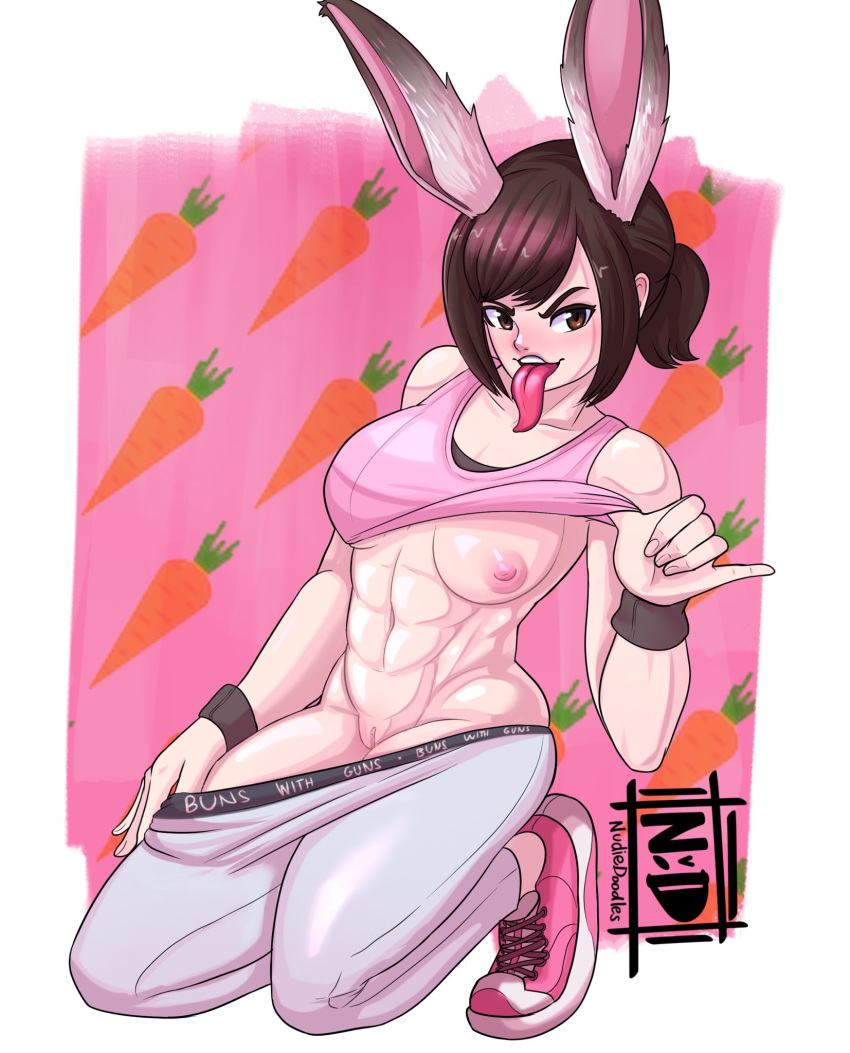 1girl abs animal_ears breasts brown_hair carrot clothes_lift clothes_pull highres kneeling looking_at_viewer medium_breasts muscular muscular_female nudiedoodles orange_eyes original pants pants_pull pink_background pink_footwear pinky_out ponytail pussy rabbit_ears rabbit_girl shirt_lift shoes signature sneakers solo tank_top toned tongue tongue_out