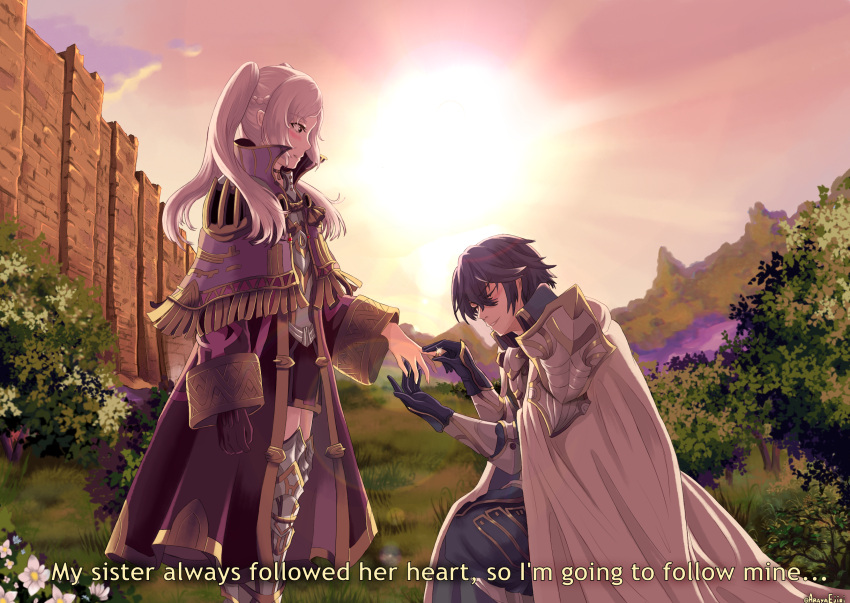 1boy 1girl armor blue_hair blush cape chrom_(fire_emblem) coat ebrietas_(arayaejiri) english_text fire_emblem fire_emblem_awakening gloves highres jewelry kneeling marriage_proposal official_alternate_costume ring robin_(female)_(fire_emblem) robin_(fire_emblem) scene_reference short_hair single_glove sousou_no_frieren sunset twintails wedding_ring white_hair