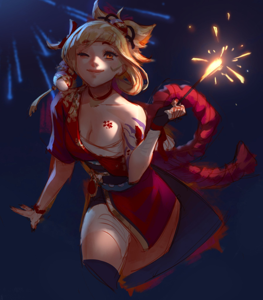 1girl arm_tattoo blonde_hair blue_sash blunt_bangs breast_tattoo breasts chest_sarashi cleavage closed_mouth cowboy_shot fireworks genshin_impact hair_ornament hair_up highres holding_fireworks japanese_clothes jeremy_anninos kimono medium_breasts night night_sky obi off_shoulder one_eye_closed orange_eyes red_kimono sarashi sash short_kimono single_bare_shoulder sky smile solo sparkler tattoo yoimiya_(genshin_impact)