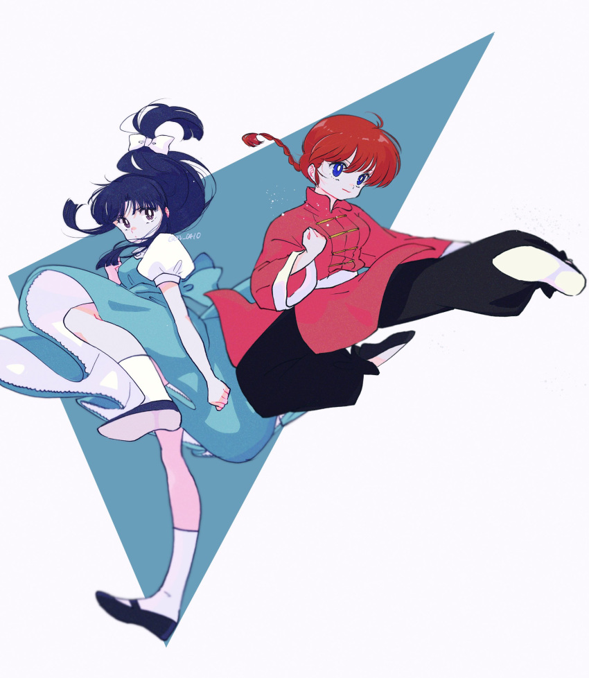 2girls absurdres black_footwear blue_eyes bow en_0410 fuurinkan_high_school_uniform hair_bow highres kicking multiple_girls ranma-chan ranma_1/2 red_hair school_uniform socks tendou_akane white_bow white_socks