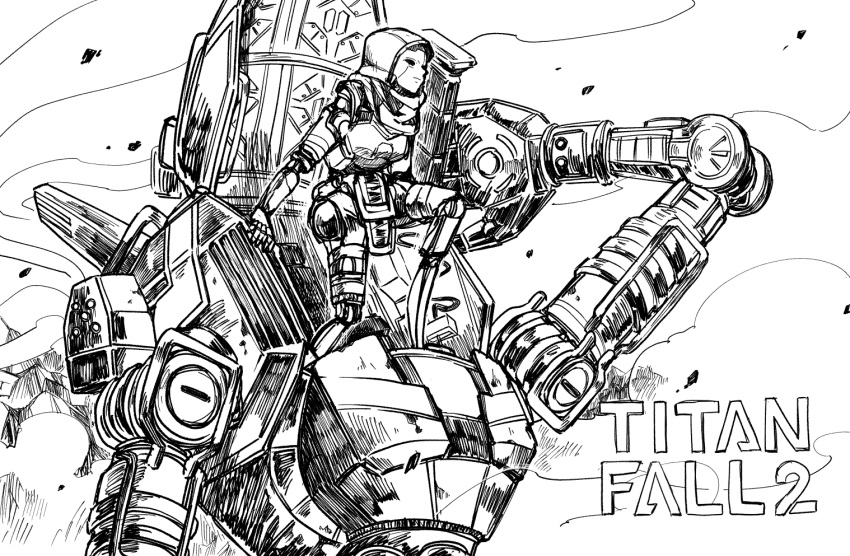 1girl android animification ash_(titanfall_2) copyright_name greyscale hood hood_up looking_ahead mecha monochrome mononobex robot ronin_(titanfall_2) science_fiction simulacrum_(titanfall) smoke solo titan_(titanfall) titanfall_(series) titanfall_2