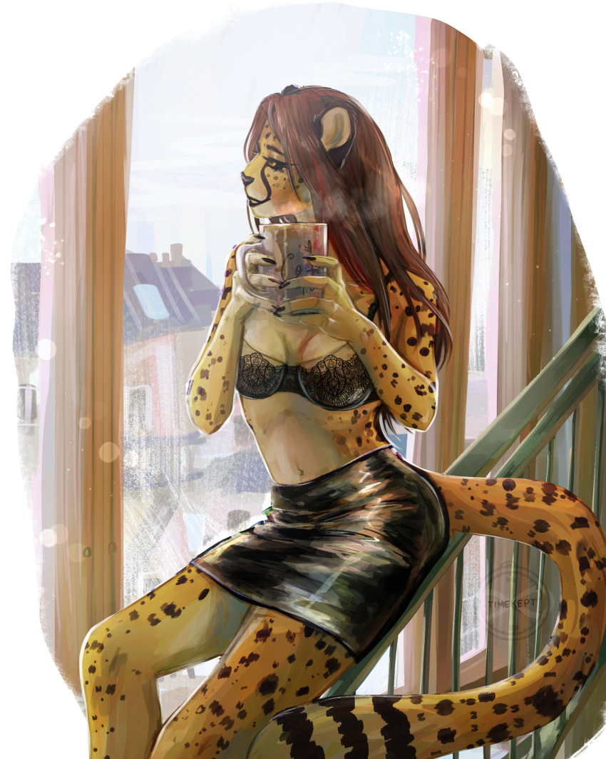 absurd_res anthro black_bottomwear black_claws black_clothing black_sclera black_skirt bottomwear bra brown_hair building cheetah claws clothing coffee_mug felid feline female fur hair hi_res highlights_(coloring) house lace_bra latex latex_bottomwear latex_clothing latex_skirt mammal markings nacita red_hair sitting_on_railing skirt solo spots spotted_body spotted_fur steam steaming_cup tail timekept trans_(lore) trans_woman_(lore) underwear window yellow_eyes