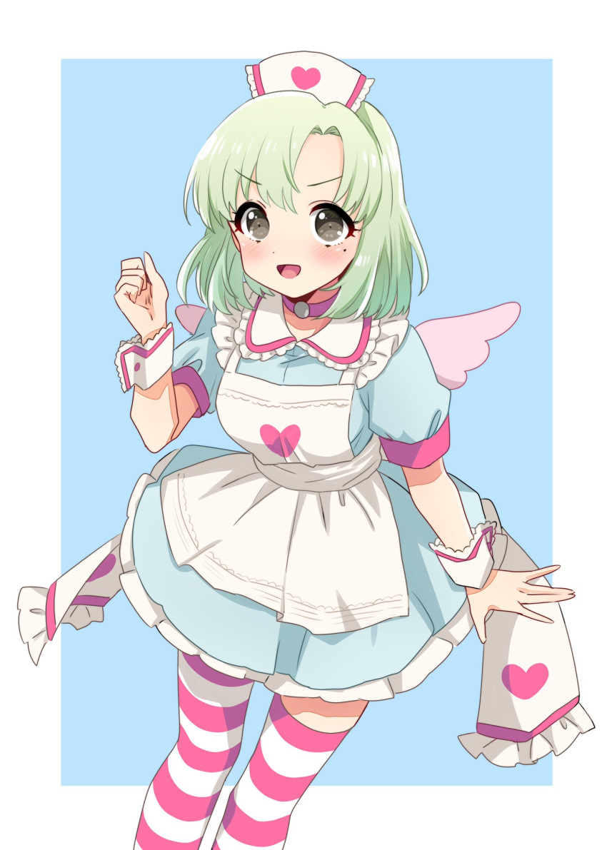 1girl apron blue_background blue_dress blush border breasts clenched_hand cosplay cowboy_shot dot_nose dress fake_wings green_hair grey_eyes hand_up hat heart heart_print highres idolmaster idolmaster_(classic) idolmaster_starlit_season idolmaster_stella_stage looking_at_viewer medium_breasts mole mole_under_eye nurse_cap open_mouth outside_border pink_thighhighs shiika_(idolmaster) short_hair short_sleeves simple_background smile solo standing striped_clothes striped_thighhighs sukoyaka_(100hituzi) thighhighs v-shaped_eyebrows white_apron white_border white_wrist_cuffs wings wrist_cuffs yumemi_riamu yumemi_riamu_(cosplay)