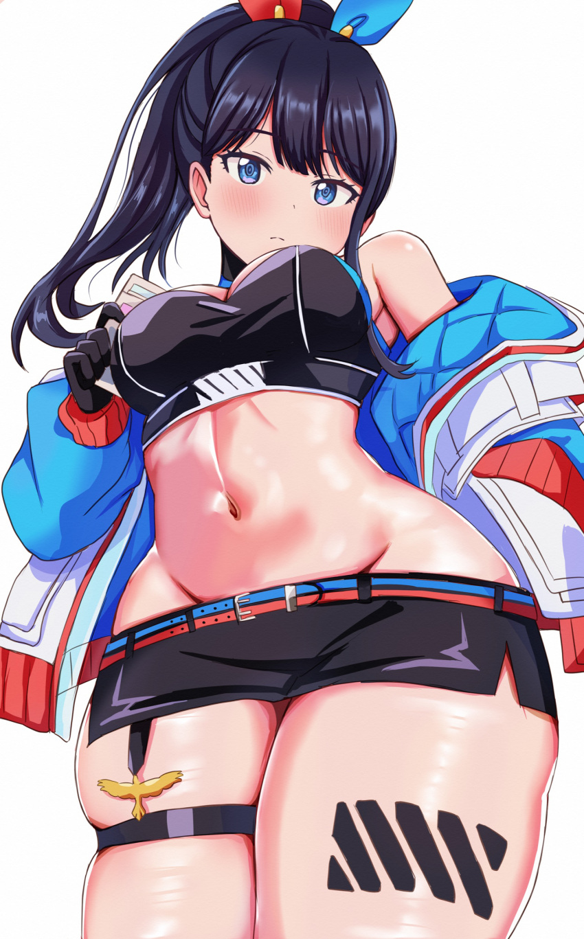 1girl absurdres black_gloves black_hair black_skirt blue_eyes blue_jacket blush breasts cleavage closed_mouth gloves gridman_universe gridman_universe_(film) hair_ribbon halterneck hands_in_pockets highres jacket leg_tattoo long_hair looking_at_viewer medium_breasts microskirt midriff multicolored_clothes multicolored_jacket navel nootomo off_shoulder official_alternate_costume official_alternate_hairstyle open_mouth ponytail ribbon shiny_skin shoes skirt sneakers socks solo ssss.gridman swimsuit takarada_rikka tattoo thick_thighs thigh_strap thighs white_background white_footwear white_jacket wide_hips