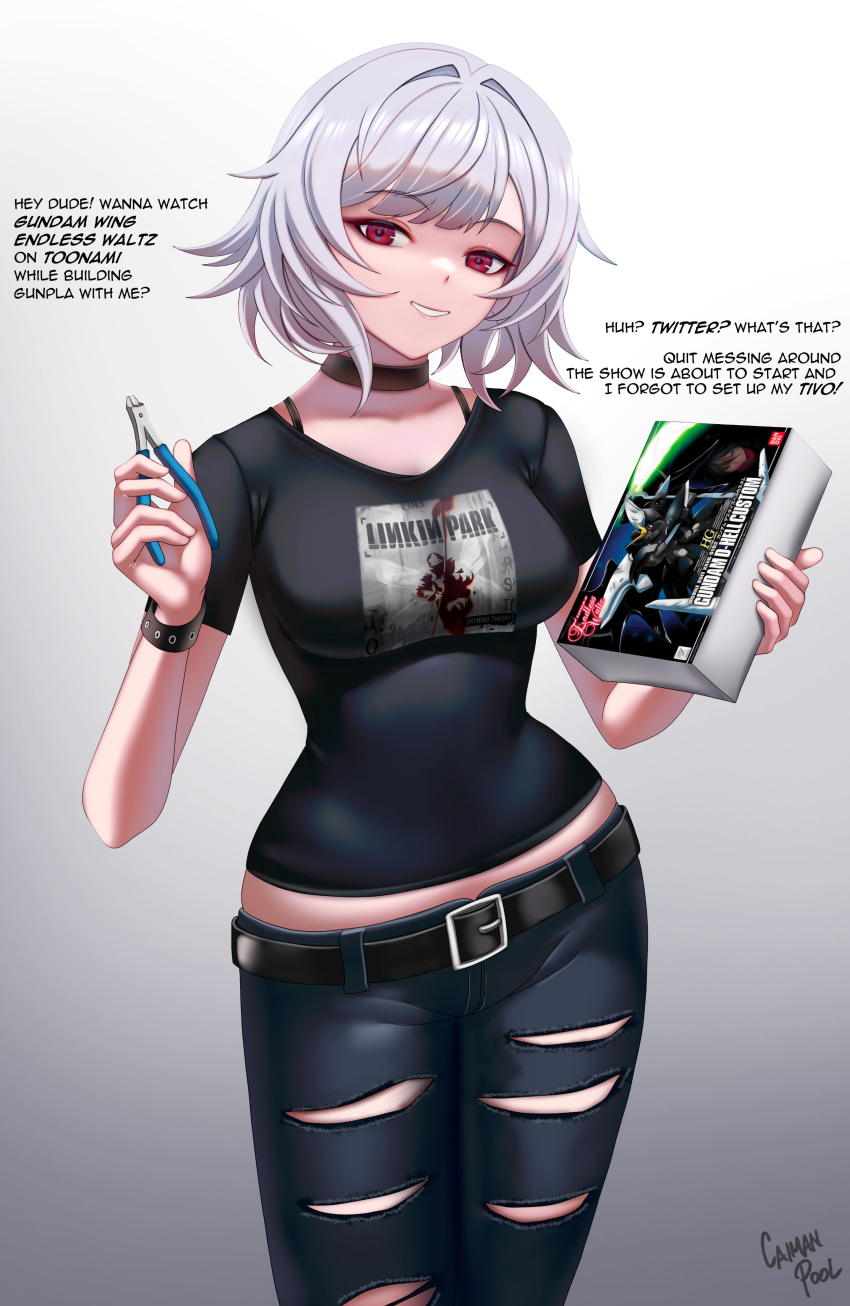 1girl absurdres caiman_pool duo_maxwell english_text grey_hair gundam_deathscythe_hell_custom gundam_wing_endless_waltz gunpla highres hybrid_theory linkin_park looking_at_viewer medium_hair model_kit original pants red_eyes solo tomboy torn_clothes torn_pants