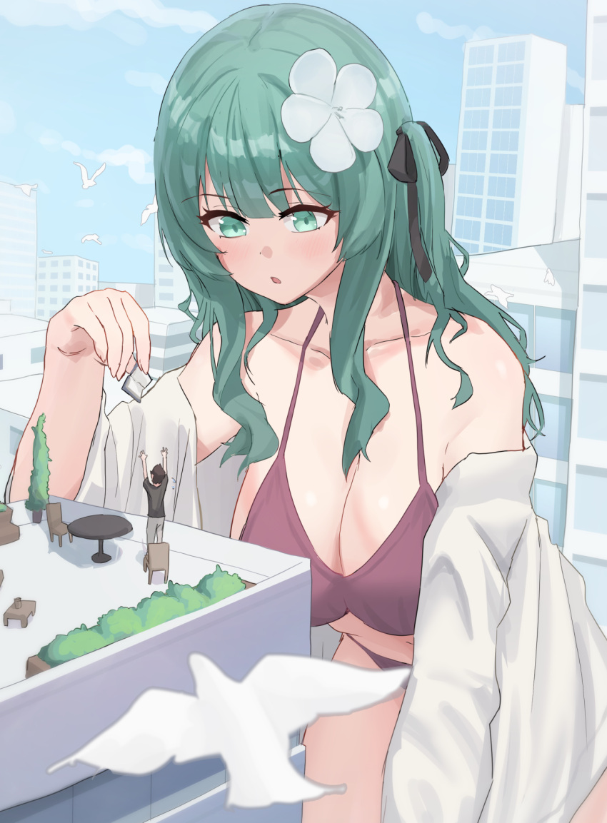 1boy 1girl arms_up bikini bird black_ribbon blue_sky book breasts chair cityscape cloud flower giant giantess green_eyes green_hair hair_flower hair_ornament highres holding holding_book jumping kazawa_ushi large_breasts looking_down open_mouth original plant potted_plant purple_bikini ribbon size_difference sky swimsuit table white_towel