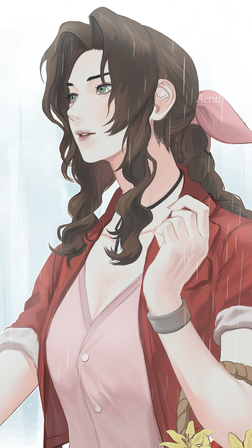 1girl aerith_gainsborough bangle basket bracelet braid braided_ponytail breasts brown_hair buttons character_name choker cleavage dress final_fantasy final_fantasy_vii final_fantasy_vii_remake flower flower_basket green_eyes hair_ribbon highres holding holding_basket hxxnuat jewelry lily_(flower) long_hair medium_breasts parted_bangs parted_lips pink_dress pink_ribbon rain ribbon ribbon_choker sidelocks single_braid solo upper_body wavy_hair yellow_flower