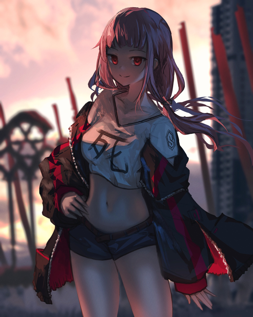 1girl advarcher breasts cowboy_shot floating_hair hand_on_own_hip highres hololive hololive_english large_breasts long_hair looking_at_viewer mori_calliope mori_calliope_(streetwear) navel off_shoulder red_eyes shirt short_shorts shorts smile virtual_youtuber white_shirt