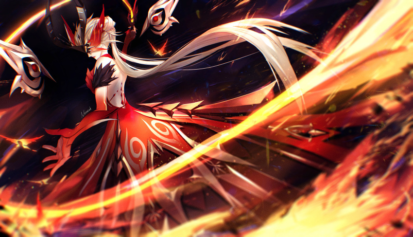 1girl afternoon_pm bare_shoulders black_nails blonde_hair crimson_lotus_moth_(genshin_impact) eye_mask fire fur_trim genshin_impact highres holding holding_weapon holding_whip long_hair mask signora_(crimson_witch_of_embers)_(genshin_impact) signora_(genshin_impact) solo very_long_hair weapon whip