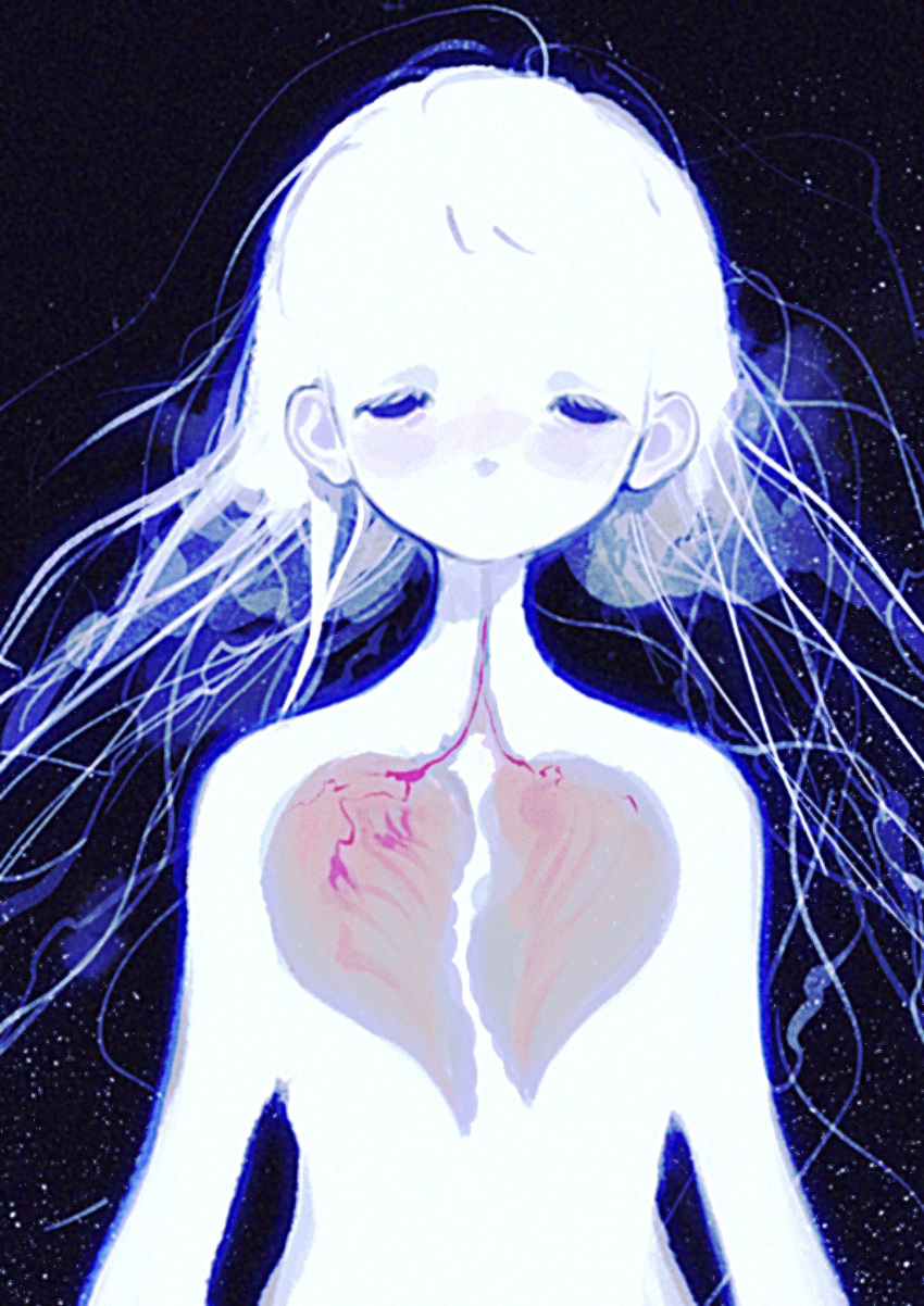 1girl black_eyes colored_skin hidari_(nanmu-left) highres long_hair looking_at_viewer lungs no_mouth nude original sky solo star_(sky) starry_sky surreal upper_body white_hair white_skin