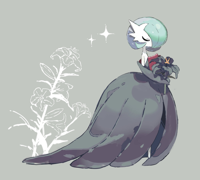 aisutabetao alternate_color black_dress black_gloves blue_hair bob_cut closed_eyes colored_skin dress elbow_gloves flower gardevoir gloves grey_background highres holding holding_flower mega_gardevoir mega_pokemon pokemon pokemon_(creature) shiny_pokemon simple_background sparkle white_skin