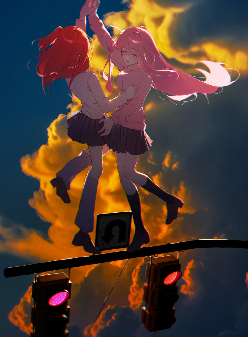 2girls :d backlighting black_socks bocchi_the_rock! commentary_request dancing from_side full_body gotoh_hitori highres holding_hands jacket kita_ikuyo long_hair long_sleeves multiple_girls pink_hair pink_jacket pong_(pong_o0) red_hair road_sign sign smile socks standing standing_on_one_leg track_jacket traffic_light