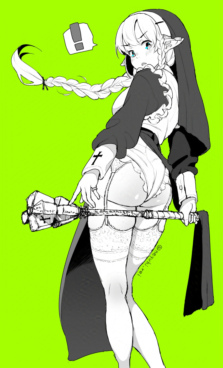 ! 1girl accidental_exposure ass blush braid braided_ponytail breasts coif cross dress earclip feet_out_of_frame floating_hair garter_straps green_background greyscale greyscale_with_colored_background highres holding holding_mace holding_weapon jewelry long_hair long_sleeves looking_at_viewer mace medium_breasts monochrome neyuki_rei nun original panties parted_lips pointy_ears ring simple_background solo spoken_exclamation_mark spot_color standing thighhighs twitter_username underwear v-shaped_eyebrows weapon