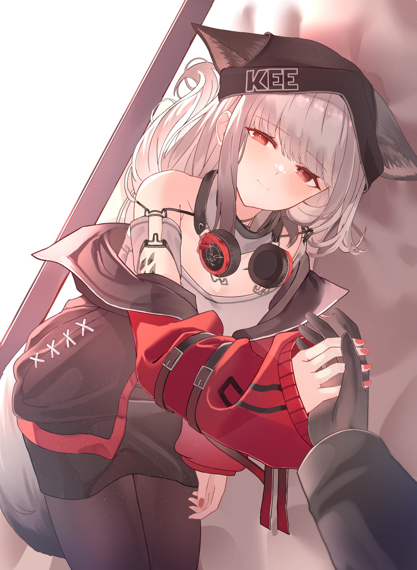 1girl 1other absurdres animal_ear_fluff animal_ears arknights bare_shoulders beanie black_gloves black_hat black_jacket black_pantyhose black_skirt blush closed_mouth commentary_request dutch_angle ears_through_headwear extra_ears frostleaf_(arknights) gloves grey_hair grey_shirt half-closed_eyes hat headphones headphones_around_neck highres jacket long_hair long_sleeves looking_at_viewer lying nail_polish off_shoulder on_side open_clothes open_jacket out_of_frame pantyhose puffy_long_sleeves puffy_sleeves red_eyes red_nails shirt skirt sleeves_past_wrists smile suzubotan tail