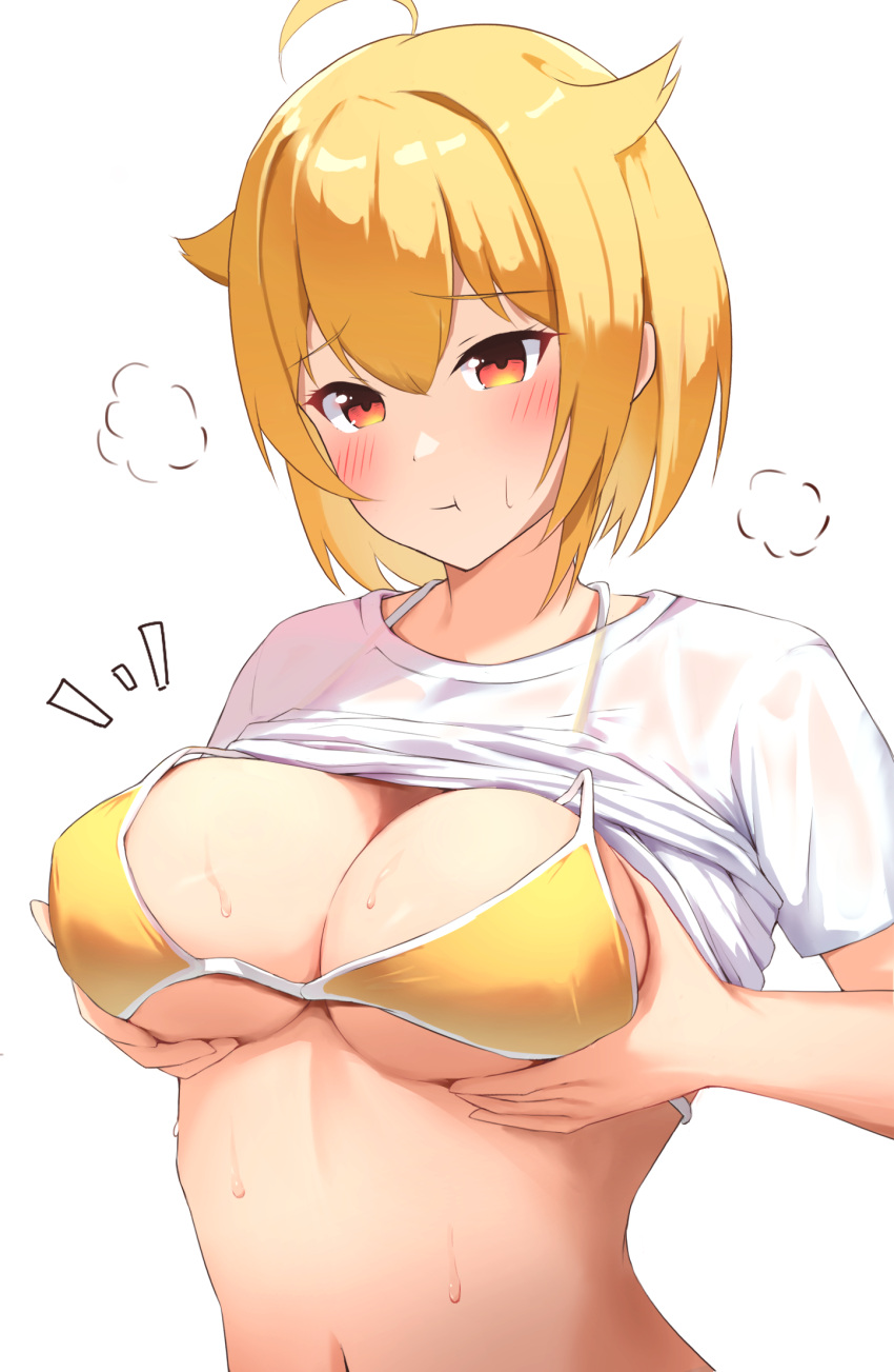1girl :t ahoge bikini bikini_under_clothes blonde_hair blush breast_lift breasts cleavage closed_mouth clothes_lift commentary_request hair_between_eyes hair_flaps halterneck hands_up highres ibuki_tsubasa idolmaster idolmaster_million_live! karua_(karua23) large_breasts looking_ahead navel notice_lines orange_eyes pout puff_of_air raised_eyebrows see-through shirt shirt_lift short_hair short_sleeves simple_background solo sweatdrop swimsuit underboob upper_body wet wet_clothes wet_shirt white_background white_shirt yellow_bikini