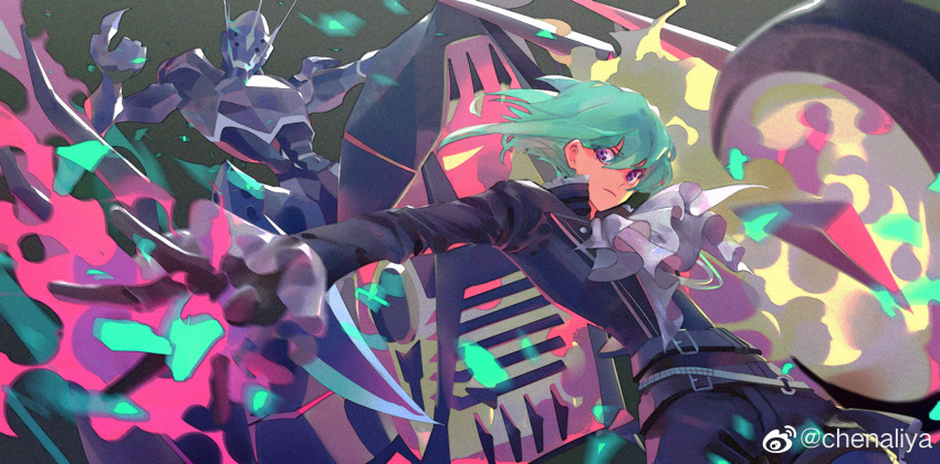 1boy ascot beckoning belt biker_clothes black_gloves black_jacket body_armor chenalii chinese_commentary closed_mouth commentary_request fire gloves green_fire green_hair half_gloves highres jacket lio_fotia male_focus multiple_belts outstretched_hand promare purple_eyes purple_fire pyrokinesis watermark weibo_logo weibo_username