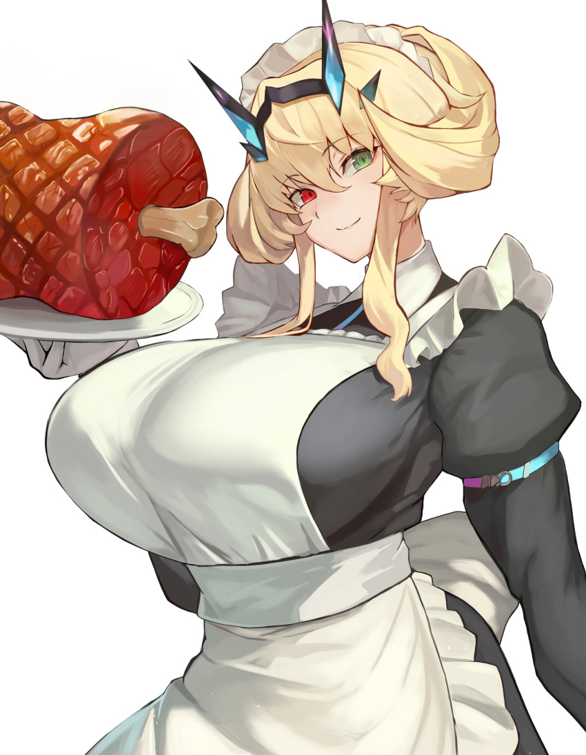 1girl apron barghest_(fate) barghest_(swimsuit_archer)_(fate) barghest_(swimsuit_archer)_(second_ascension)_(fate) black_dress blonde_hair boned_meat breasts collared_dress dress fate/grand_order fate_(series) food genshu_doki gloves green_eyes heterochromia highres horns huge_breasts long_sleeves looking_at_viewer maid maid_headdress meat medium_hair plate red_eyes smile solo white_apron white_gloves