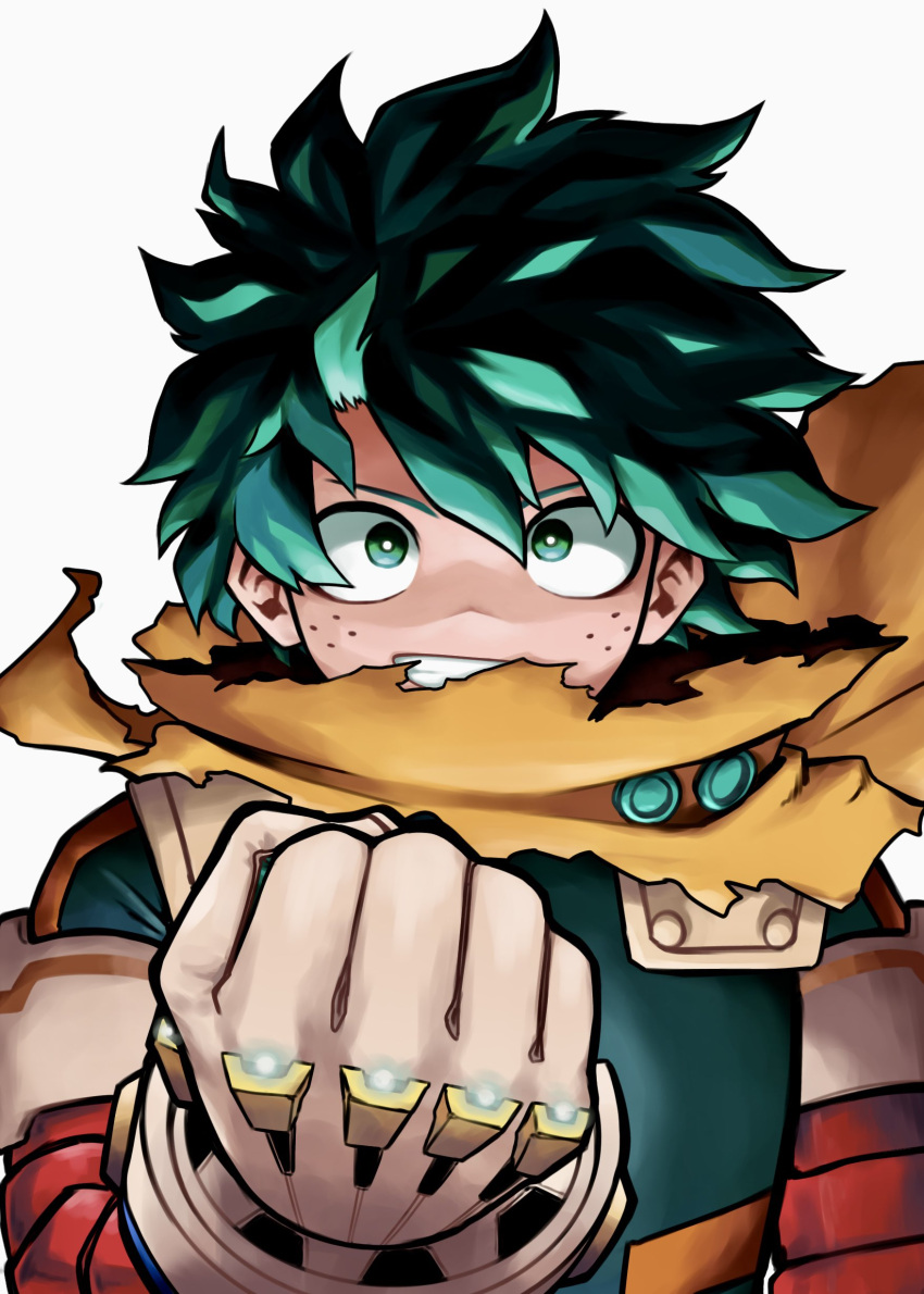 1boy absurdres black_outline bodysuit boku_no_hero_academia bright_pupils cape clenched_hand commentary cross-eyed floating_cape floating_hair foreshortening freckles gloves green_bodysuit green_eyes green_hair grin hair_between_eyes hand_up happy highres hiro_illust11 light_particles looking_at_viewer male_focus midoriya_izuku official_alternate_costume outline short_hair simple_background smile solo spoilers straight-on torn_cape torn_clothes two-tone_bodysuit upper_body v-shaped_eyebrows white_background white_pupils wind yellow_cape