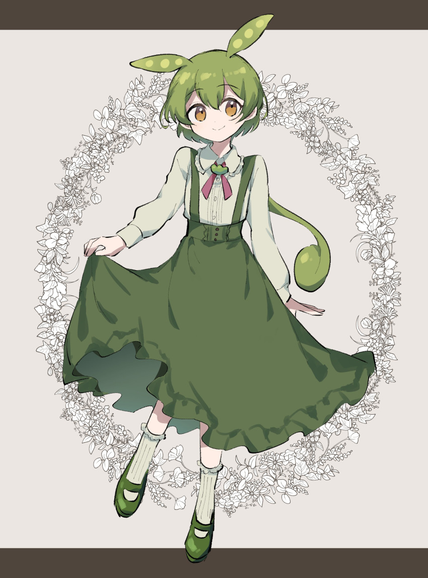 1girl absurdres brown_eyes collared_shirt full_body green_footwear green_hair green_skirt highres long_hair looking_at_viewer low_ponytail mary_janes neck_ribbon pea_pod ribbon shirt shoes skirt skirt_hold smile socks solo suspender_skirt suspenders voicevox yeahfakkyu zundamon