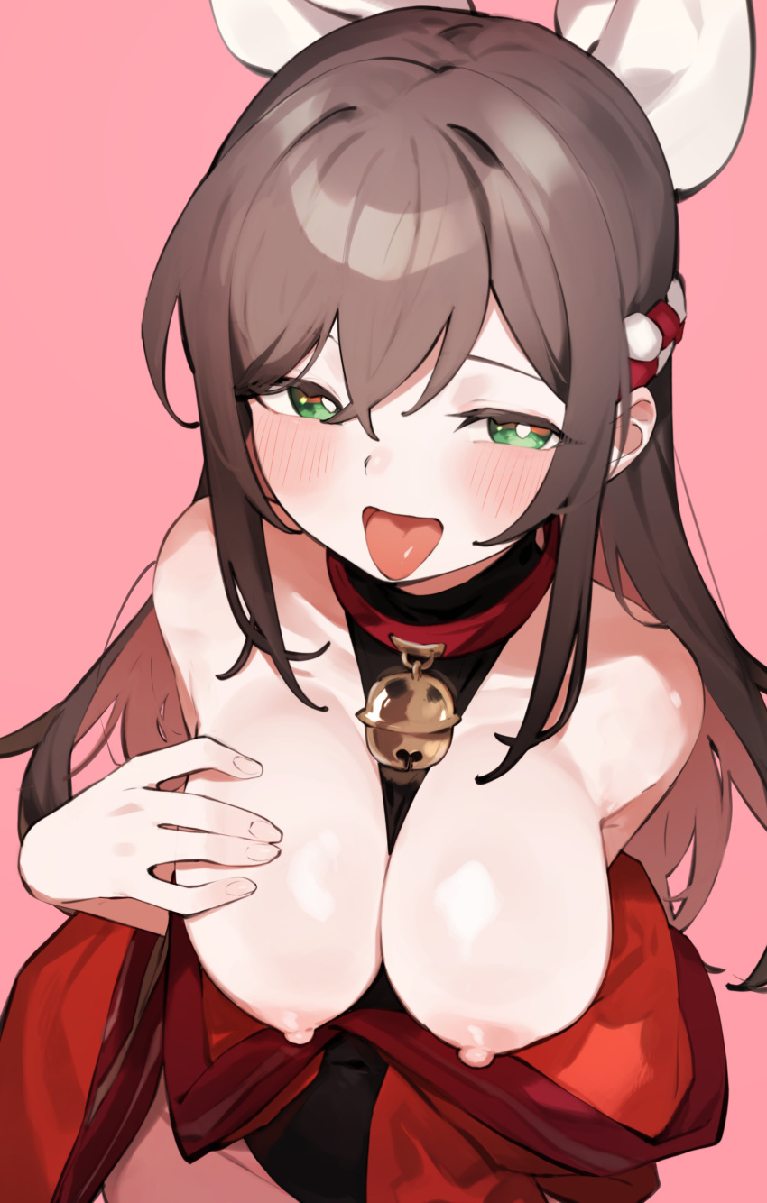 1girl absurdres bell blush breasts breasts_out brown_hair goe_(g-o-e) green_eyes hair_between_eyes highres jingle_bell large_breasts long_hair nipples open_mouth original pink_background simple_background solo tongue tongue_out