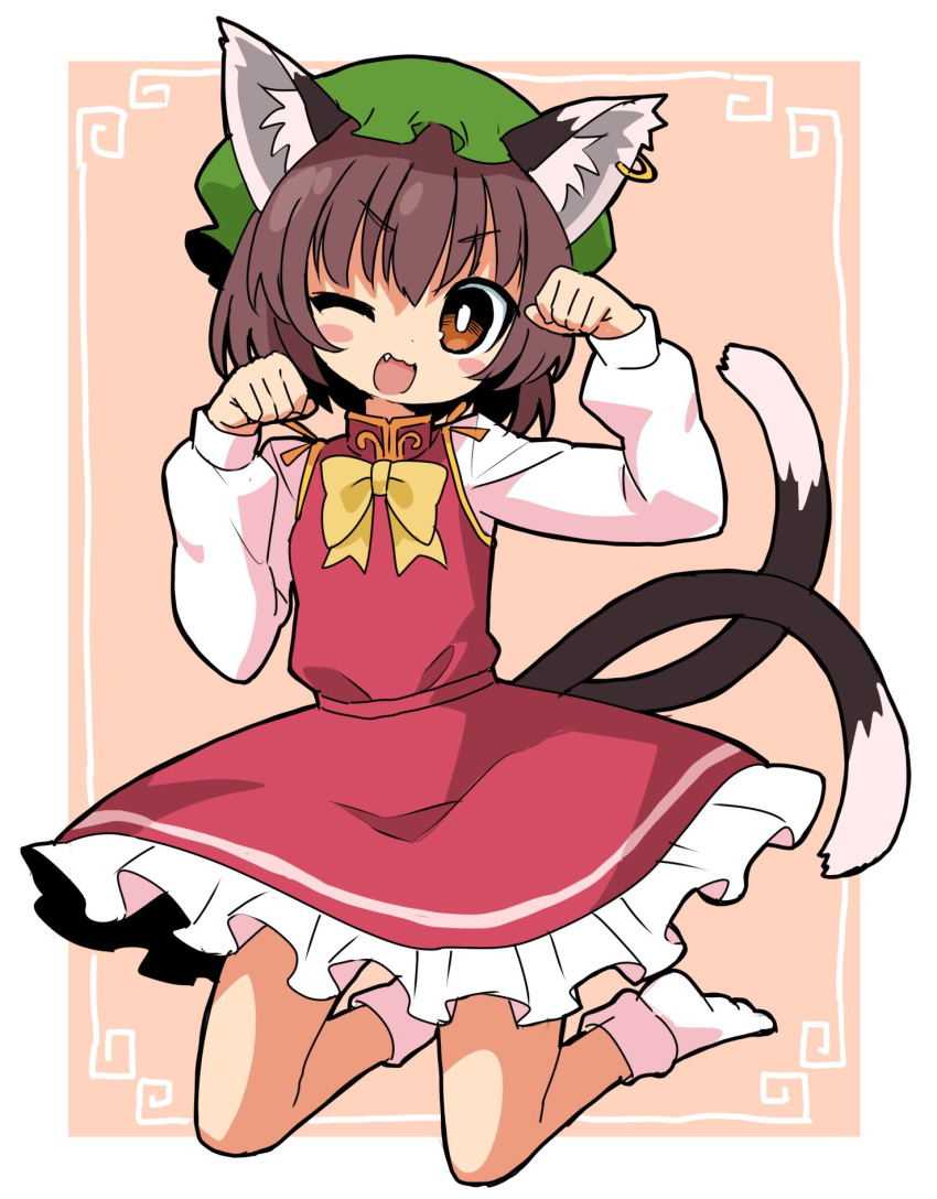 1girl ;3 ;d animal_ear_fluff animal_ear_piercing animal_ears azumi_haruhito blush_stickers bow bowtie bright_pupils brown_eyes brown_hair cat_ears cat_tail chen commentary_request dress earrings fang flat_chest frills full_body gold_trim hands_up hat highres jewelry kneeling long_sleeves looking_at_viewer mob_cap multiple_tails nekomata one_eye_closed open_mouth paw_pose petticoat puffy_long_sleeves puffy_sleeves red_dress red_skirt red_vest short_hair simple_background single_earring skirt skirt_set smile solo tail touhou two_tails v-shaped_eyebrows vest white_pupils yellow_bow yellow_bowtie