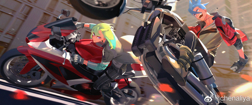 2boys blue_hair boots chenalii chinese_commentary coat commentary_request galo_thymos gloves green_hair highres jacket lio_fotia long_coat male_focus motor_vehicle motorcycle multiple_boys on_motorcycle open_mouth pants promare purple_eyes short_hair smile spiked_hair weibo_logo weibo_username wheelie