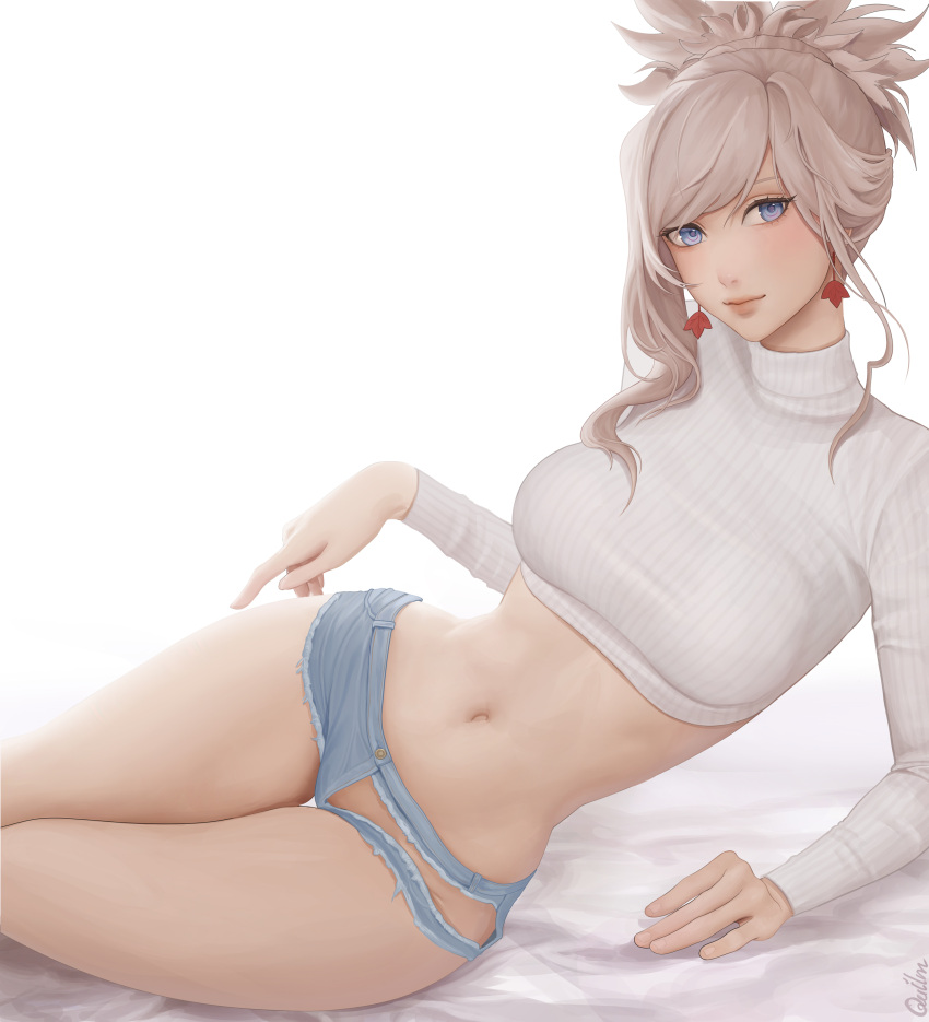 1girl absurdres arm_support bed_sheet blue_eyes breasts closed_mouth cropped_sweater denim denim_shorts earrings fate/grand_order fate_(series) folded_ponytail hand_on_own_thigh highres jewelry lips long_sleeves looking_at_viewer lying medium_breasts micro_shorts miyamoto_musashi_(fate) navel on_side quilm ribbed_panties shorts signature solo sweater thigh_gap thighs torn_clothes torn_shorts turtleneck turtleneck_sweater white_hair white_sweater