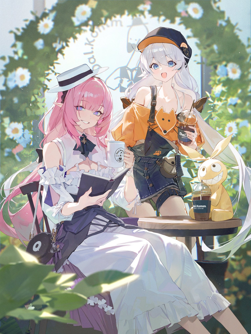 2girls ascot bare_shoulders black_ascot black_overalls blue_eyes blurry blurry_background blush book breasts cleavage cleavage_cutout clothing_cutout commentary_request cup depth_of_field detached_sleeves disposable_cup dress elysia_(honkai_impact) flower frilled_dress frills hat highres holding holding_book holding_cup honkai_(series) honkai_impact_3rd kiana_kaslana korean_commentary large_breasts long_sleeves looking_at_viewer low_twintails modare mug multiple_girls off-shoulder_shirt off_shoulder open_book open_mouth orange_skirt overall_shorts overalls paw_print peaked_cap pink_hair puffy_long_sleeves puffy_sleeves purple_eyes shirt sitting skirt smile strap_slip twintails white_dress white_flower white_hair white_hat