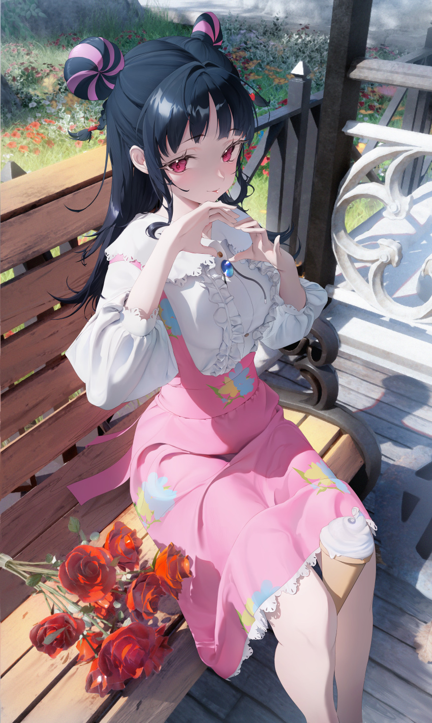 1girl absurdres bench between_legs black_hair blue_gemstone bucchigiri?! closed_mouth commentary dingding_(chongsangjun) double_bun flower frilled_shirt_collar frills gem hair_bun hands_up heart heart_hands highres jin_mahoro long_hair long_sleeves looking_at_viewer multicolored_hair on_bench outdoors overall_skirt overalls park_bench pink_hair pink_overalls pink_skirt puffy_long_sleeves puffy_sleeves red_eyes red_flower red_rose rose shirt skirt smile solo streaked_hair white_shirt