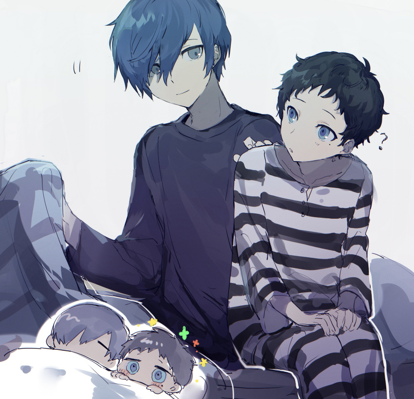 2boys absurdres bed_sheet black_sweater blue_eyes blue_hair blush hand_on_another's_shoulder highres male_focus mole multiple_boys persona persona_3 pharos prison_clothes room_rem sleeping sweater under_covers yuuki_makoto_(persona_3) zzz