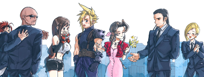 3girls 4boys aerith_gainsborough arm_behind_back armor asymmetrical_hair bald bandaged_arm bandages bangle bare_shoulders belt bindi black_gloves black_hair black_jacket black_necktie black_pants black_skirt black_suit blonde_hair blue_eyes blue_pants blue_shirt blush bracelet braid braided_ponytail breasts brown_hair buttons choker cityscape cleavage closed_eyes closed_mouth cloud_strife collared_shirt cowboy_shot crop_top cropped_jacket dangle_earrings dress earrings elbow_gloves elena_(ff7) facial_hair final_fantasy final_fantasy_vii fingerless_gloves flower gloves goatee goggles goggles_on_head grey_belt hair_ribbon hair_slicked_back hair_tie hand_in_pocket hand_on_another's_back hands_over_own_mouth hetero highres holding holding_another's_arm holding_flower jacket jas_(jasjasjasart) jewelry large_breasts lily_(flower) long_dress long_hair long_sleeves looking_at_another love_triangle low-tied_long_hair materia medium_breasts midriff miniskirt multiple_boys multiple_earrings multiple_girls navel necktie open_mouth own_hands_clasped own_hands_together pants parted_bangs pink_dress pink_ribbon puffy_short_sleeves puffy_sleeves red_eyes red_gloves red_hair red_jacket reno_(ff7) ribbon ribbon_choker rude_(ff7) shirt short_hair short_sleeves shoulder_armor sideburns sidelocks single_bare_shoulder single_braid single_earring single_shoulder_pad skirt sleeveless sleeveless_shirt sleeveless_turtleneck smile spiked_hair suit suit_jacket sunglasses suspenders sweatdrop swept_bangs tears tifa_lockhart tseng turtleneck wavy_hair wavy_mouth white_shirt yellow_flower