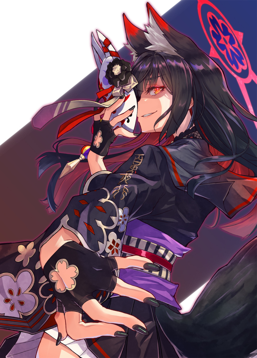 1girl :d animal_ear_fluff animal_ears black_hair black_nails black_serafuku blue_archive blunt_bangs commentary_request extra_ears eyeshadow fox_ears fox_girl fox_mask fox_tail from_below from_side halo highres holding holding_mask japanese_clothes long_hair long_sleeves looking_at_viewer looking_down looking_to_the_side makeup mask nail_polish obi parted_lips pleated_skirt red_eyeshadow sash school_uniform serafuku shibuya_susano sidelocks simple_background skirt smile smirk solo tail wakamo_(blue_archive) white_background white_skirt wide_sleeves yellow_eyes